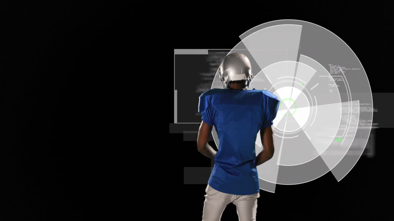Animation of african american male american football player over digital data processing on screen