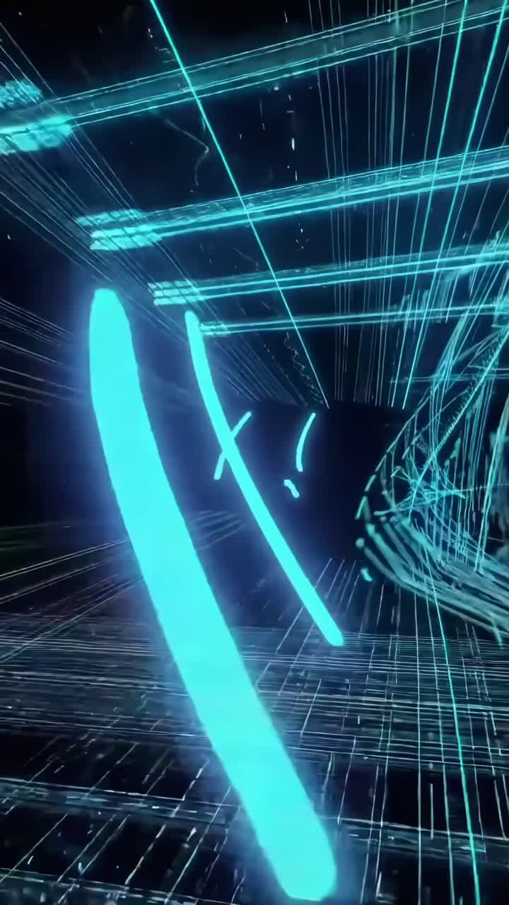 Video futuristico con linee blu neon, movimento dinamico e angolazione della camera in prima persona