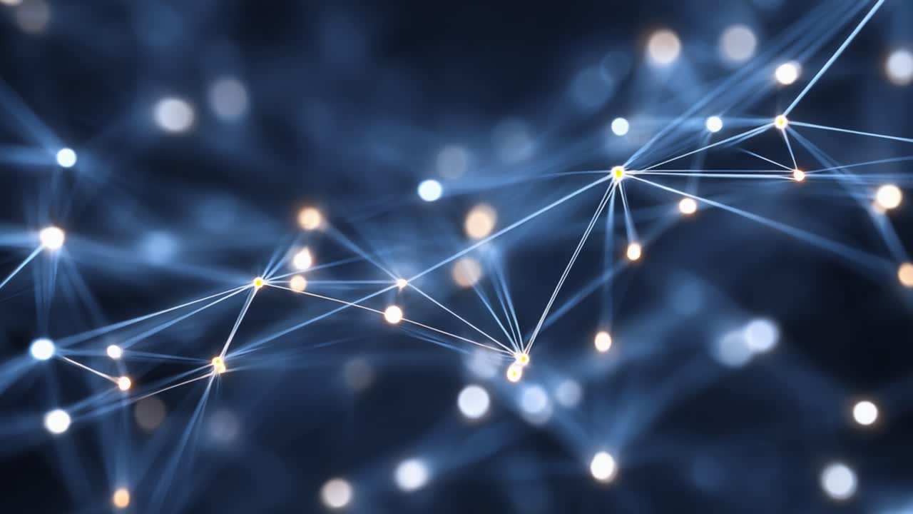 Abstract representation of interconnected data patterns showcasing illuminated nodes and dynamic lines, illustrating the concept of digital networks and advanced technology interactions