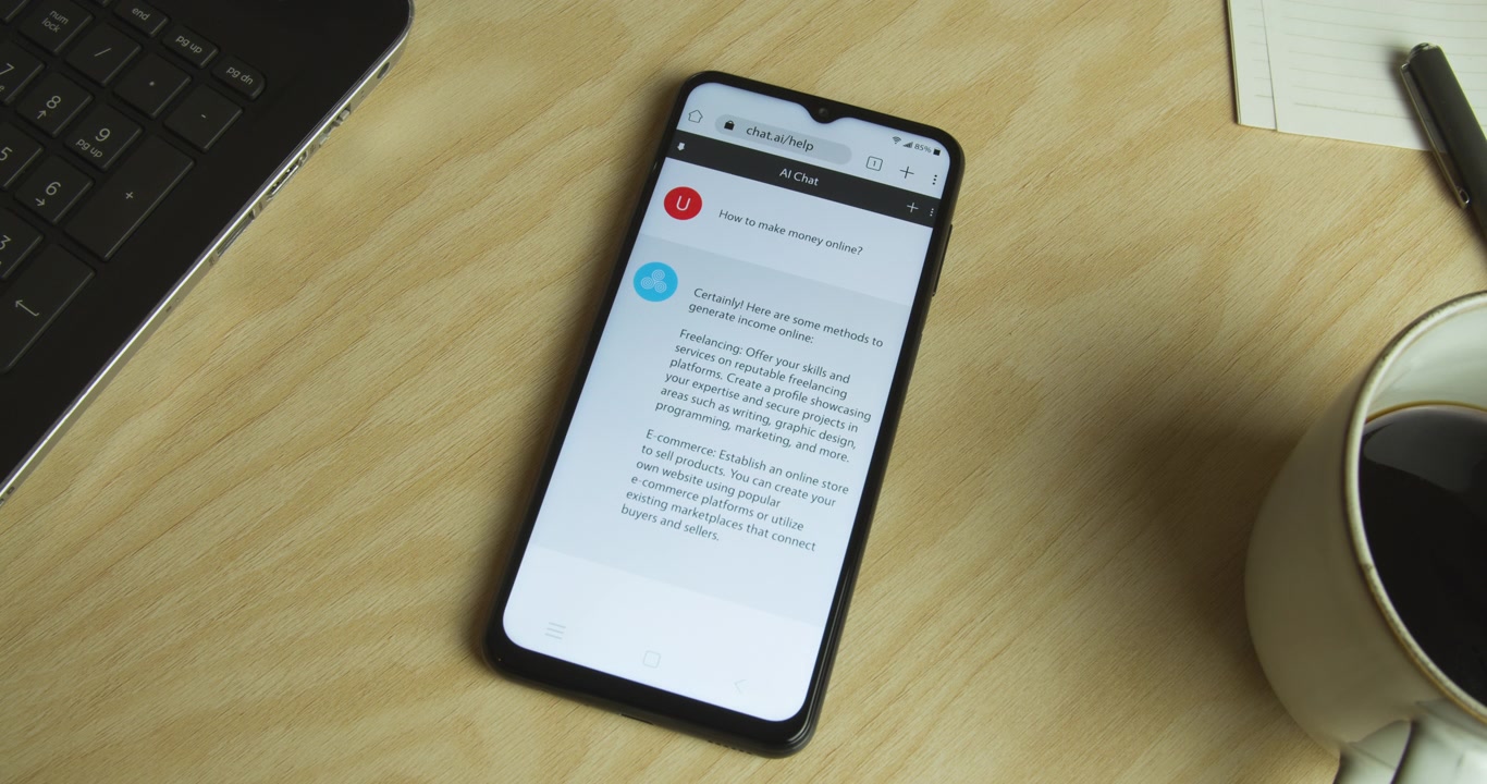 Intelligenza Artificiale - App chatbot AI su smartphone - Interfaccia telefono e app royalty free - Campo medio, scrivania da lavoro, laptop - "Come fare soldi online?"