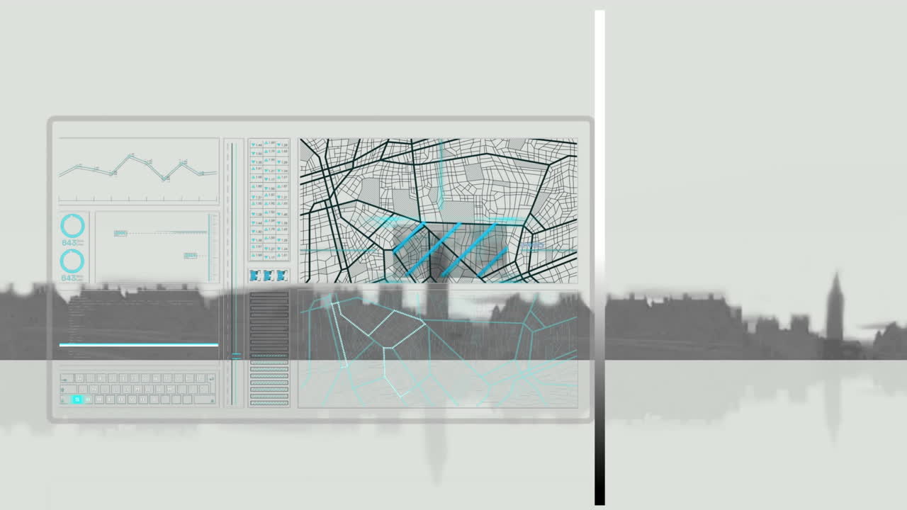 Animação de processamento de dados sobre a paisagem urbana