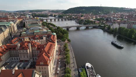 Aerial-view-of-Vltava-river,-Charles-Bridge-in-Prague,-Czech-Republic