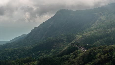 misty mountain landscape with traditional buildings