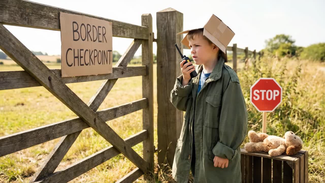 Jeune garçon jouant au garde-frontière avec un talkie-walkie et un chapeau en carton