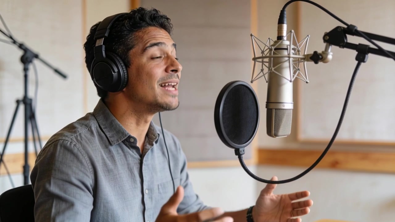 Uomo che registra una take vocale in studio, con camicia grigia, usando microfono e cuffie