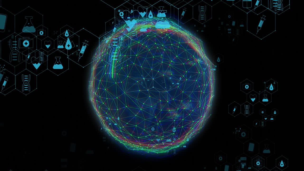 animación de iconos médicos y globo sobre fondo negro