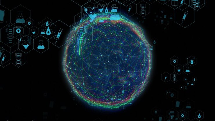Animation of medical icons and globe on black background