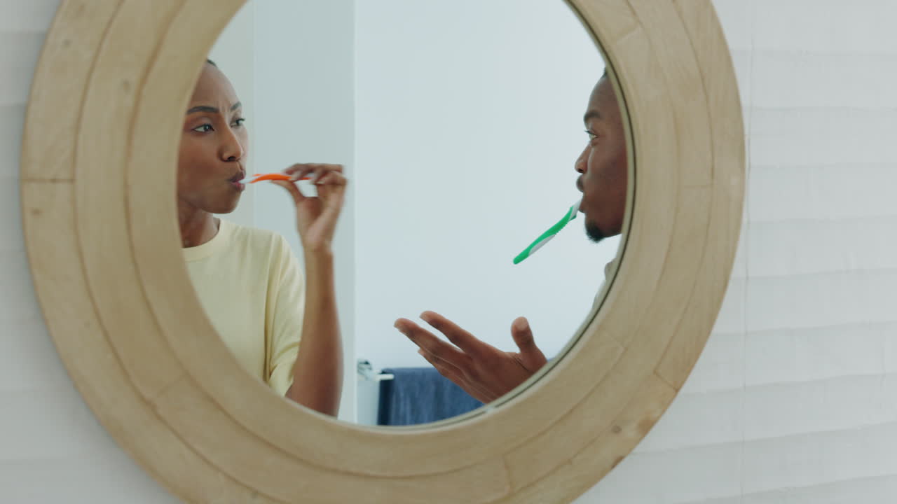 Morning, talking and couple brushing teeth