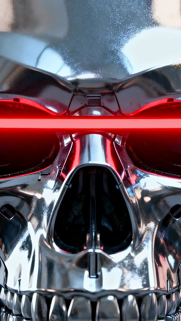 Vertical video: Pulsing red LED bar sweeping chrome skull midface in studio close-up, revealing rod