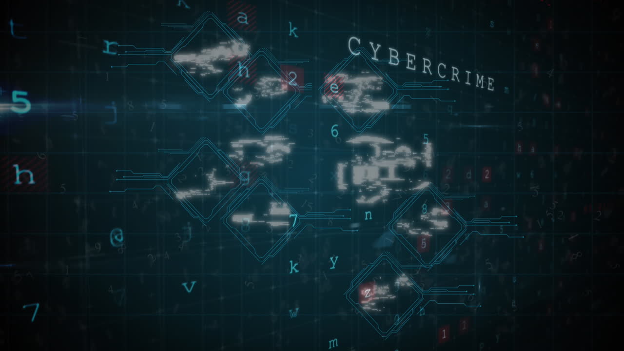 Animation of mutiple digital icons and cyber security data processing against black background