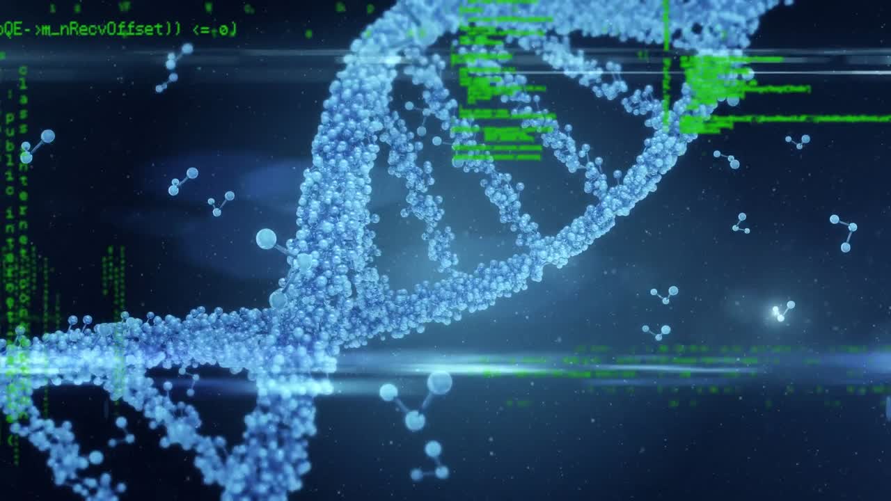 Animation of data processing over 3d dna strand spinning