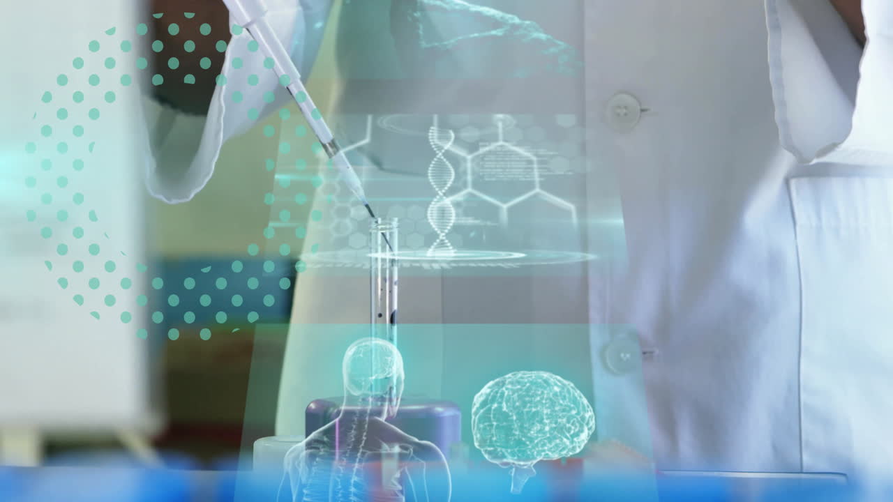 Scientist using pipette in laboratory with digital data overlay animation