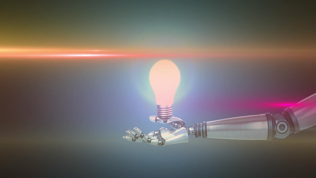 로 ⁇  팔의 손 위에 빛나는 전구의 애니메이션, 회색에 오렌지색과 분홍색의 빛  ⁇ 과 함께