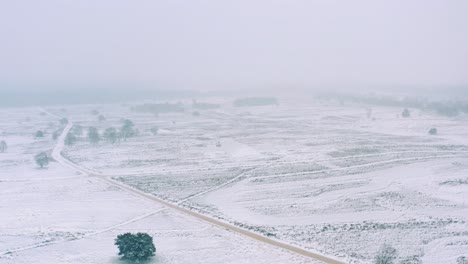 drone flying in snowstorm over vast land all covered with snow