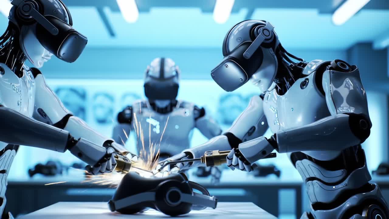 Advanced Robotics: A Glimpse into the Future of Automated Assembly, Featuring Robots Engaged in Collaborative Welding and Virtual Reality Operations