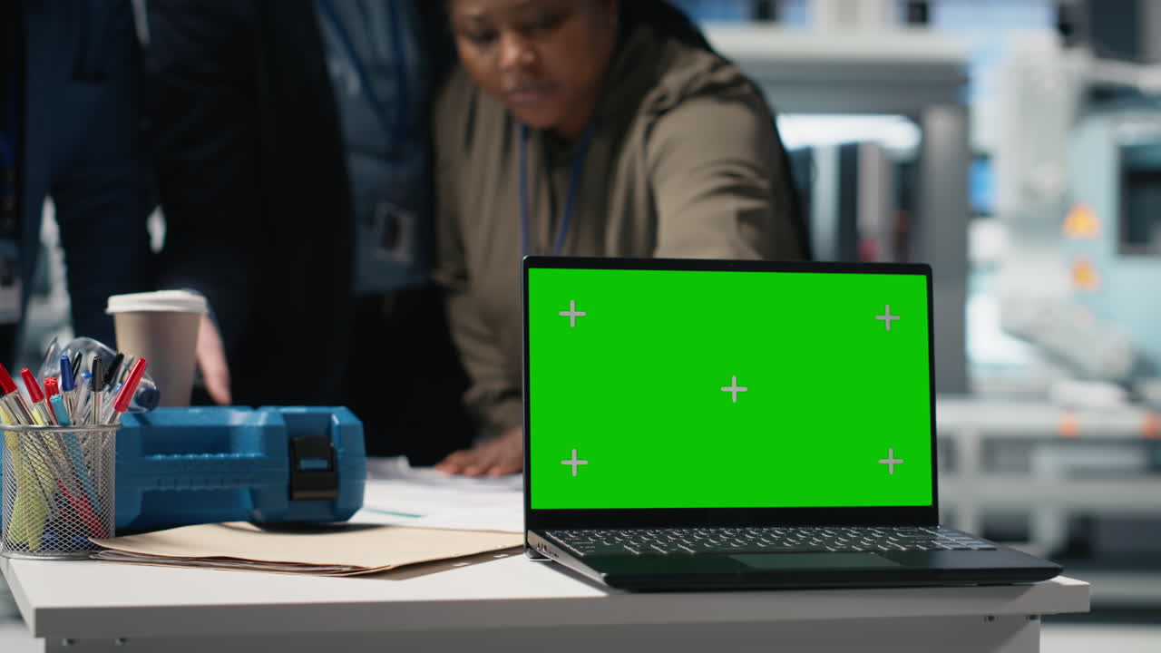 Workspace scene with laptop and people