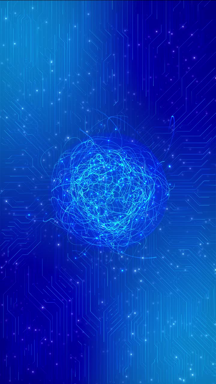 Futuristic circuit background glowing particle flow forming puzzle spiral center bright neon light