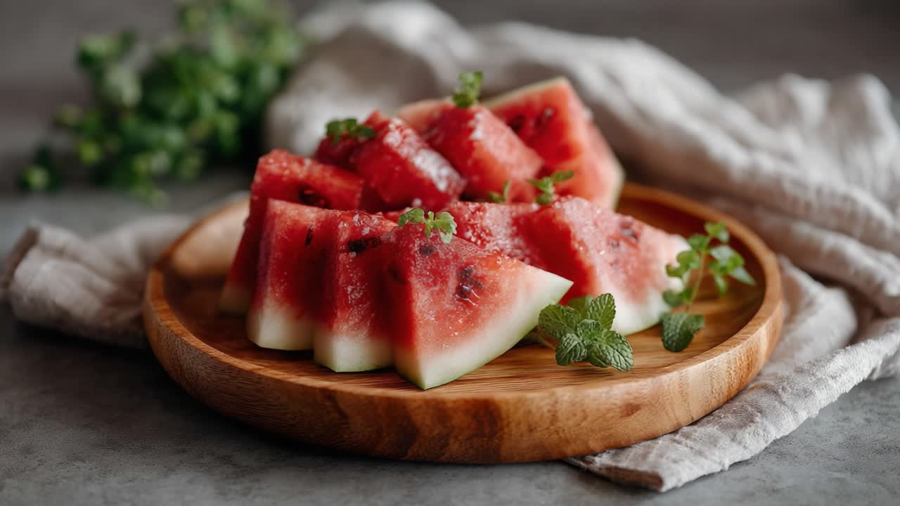 Freshly Cut Watermelon Slices Arranged on a Wooden Plate Garnished with Mint Leaves, Perfectly Served for a Refreshing Summer Snack or Dessert