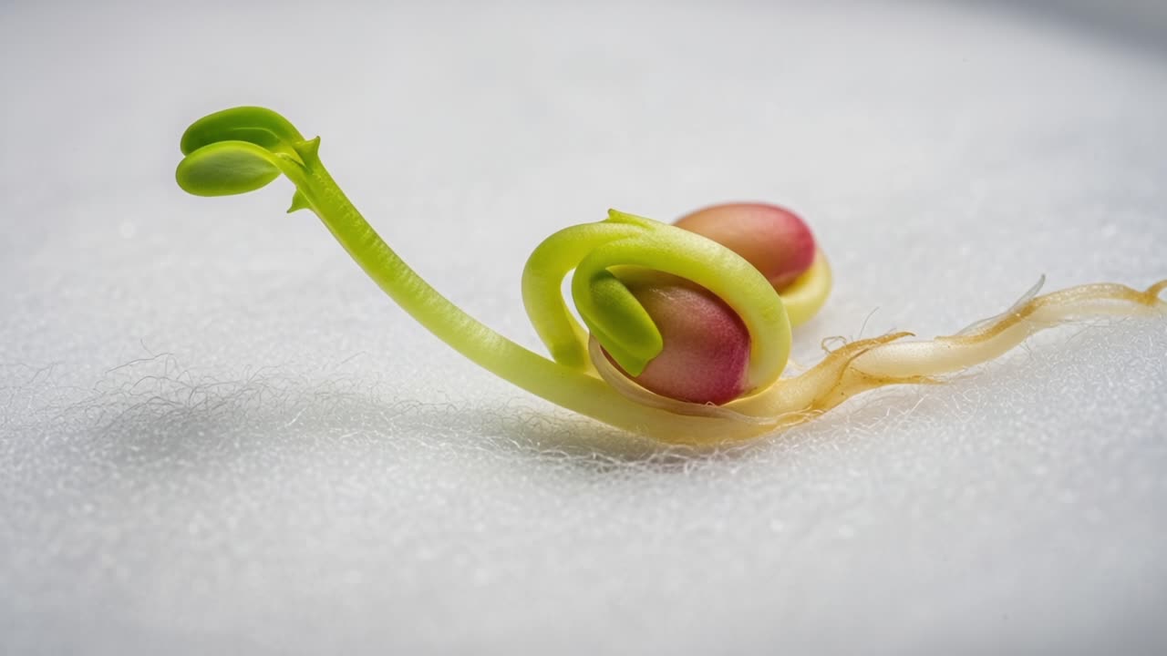 A Close-Up View of a Seedling Sprouting: The Journey from Seed to Plant as It Unfolds Its Tender Leaves and Roots on a Soft Surface