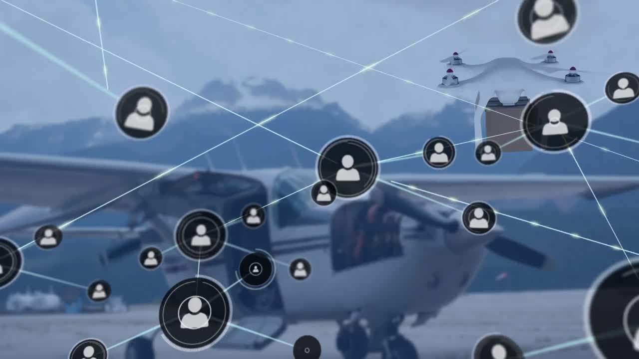 프로필 아이콘의 네트워크와 드론은 공항에 주차 된 비행기에 대항하여 배달 상자를 운반합니다.