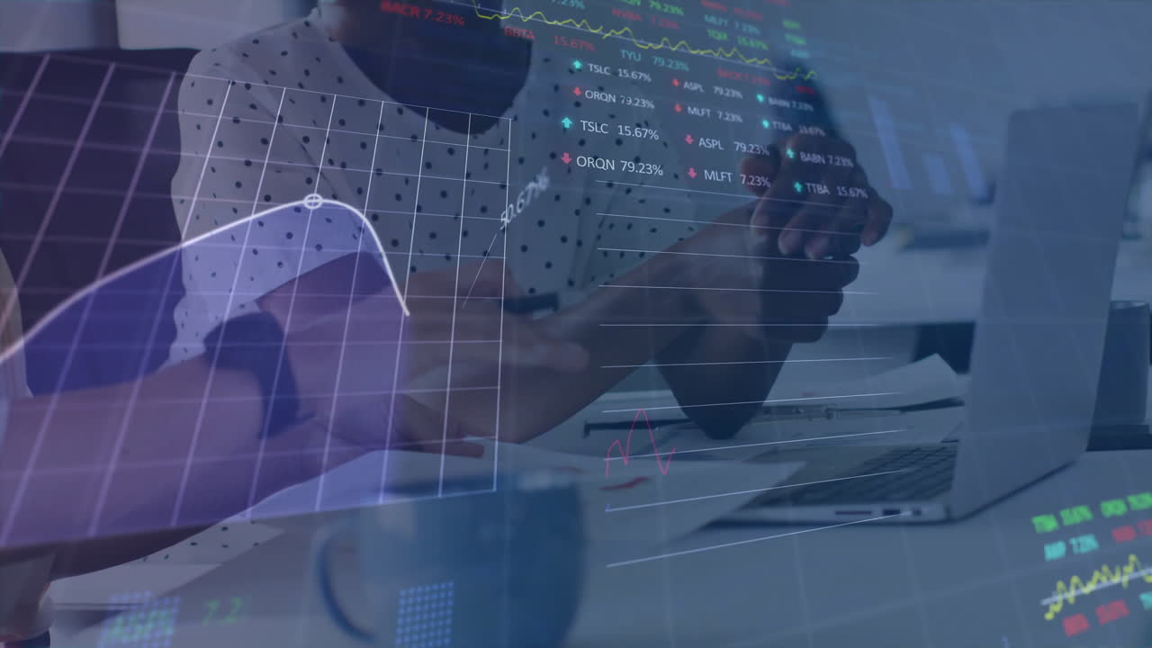 Animation of financial data processing over diverse business people in office