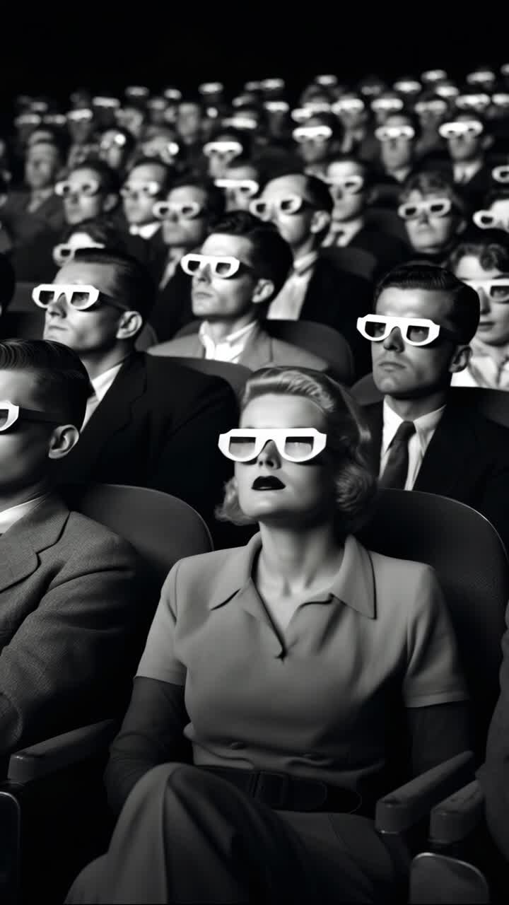 Black and white video still of an audience wearing 3D glasses, captured from a front angle