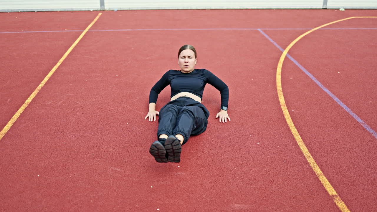 Bella donna che si allena nel campo sportivo per mantenersi in forma. Donna che cerca di fare sport da sola. Campo sportivo all'aperto con una donna in forma.