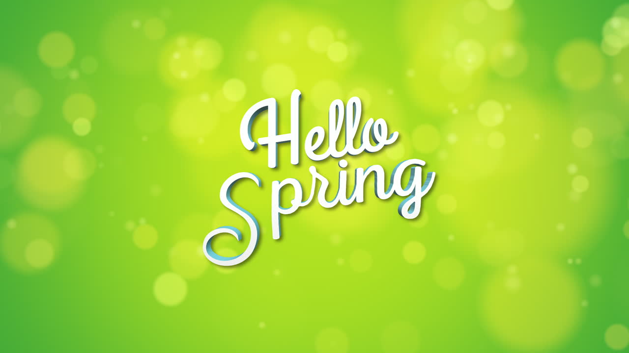 Hello Spring with flying confetti on green gradient