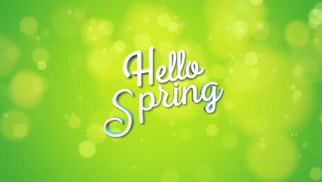 hello spring with flying confetti on green gradient