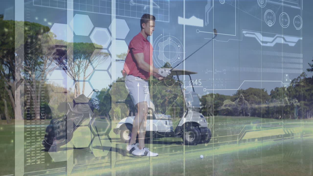 man preparing swing on golf fairway, showcasing hexagon graphics overlays for sports technology