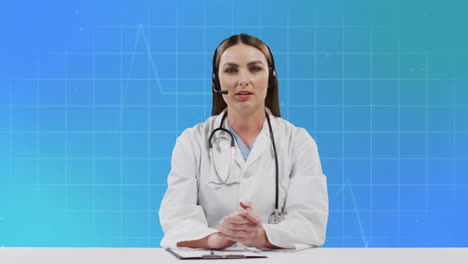 animation of cardiograph with caucasian female doctor using phone headset on blue background