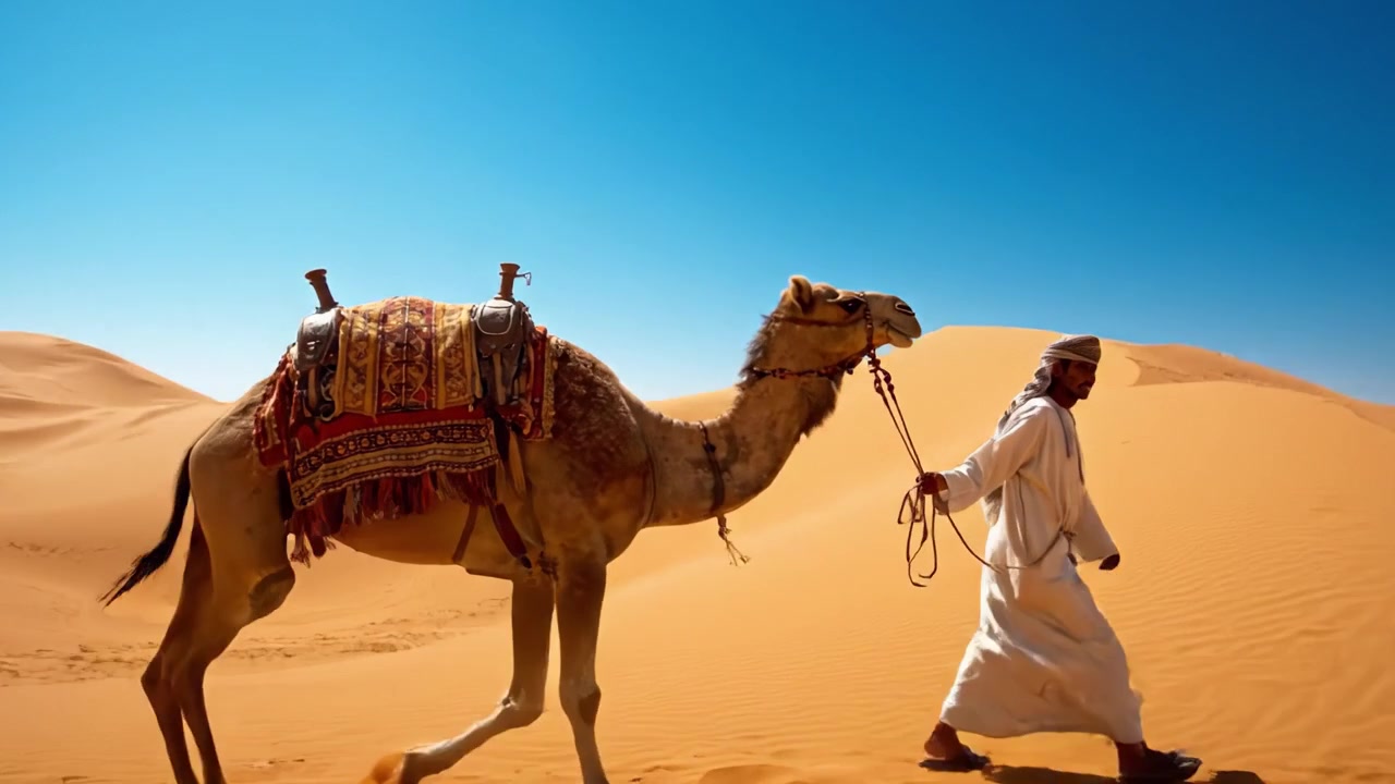 Un viaggio attraverso il deserto: un'avventura solitaria in carovana di cammelli sotto il cielo azzurro e limpido, che mostra il maestoso paesaggio di sabbie dorate e un viaggiatore determinato