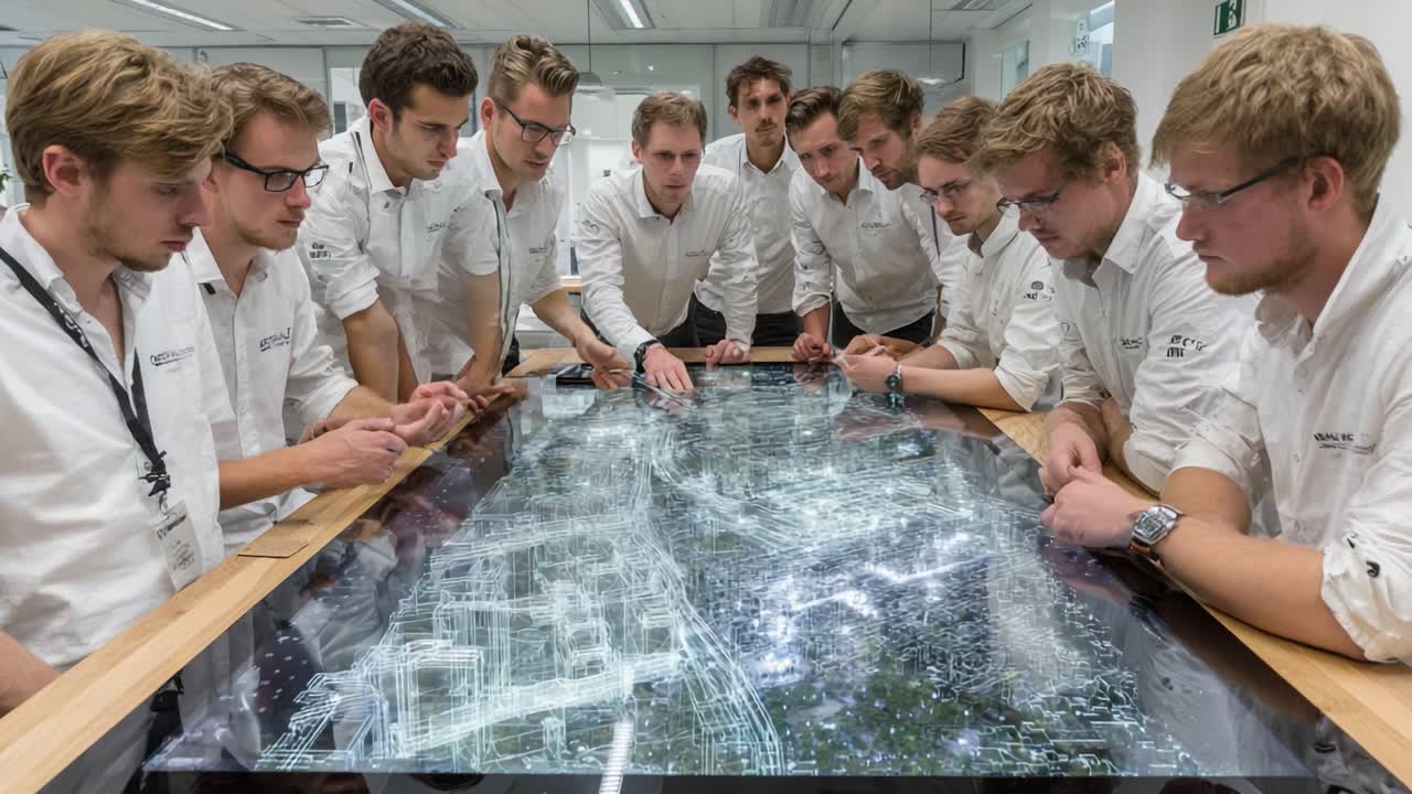 A Collaborative Team Analyzes Complex Data on an Interactive Table, Demonstrating Innovation and Teamwork in Technology and Visualization Techniques