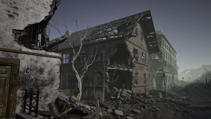 Rua abandonada apresentando portas quebradas e janelas rachadas em um ambiente sombrio.