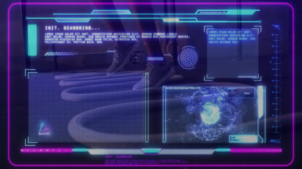 Woman running on treadmill, interacting with neon fitness HUD displaying line graphs and 3D globe