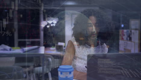 animation of globe, statistics and data processing over biracial businesswoman