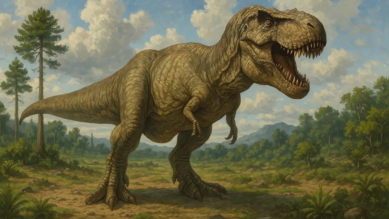 A realistic T-Rex in a prehistoric landscape, captured from a low-angle view, ideal for educational