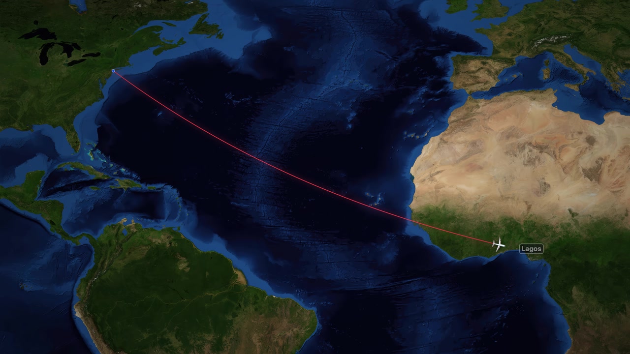 Animated Airplane Flight Path from New York to Lagos Across Atlantic Ocean