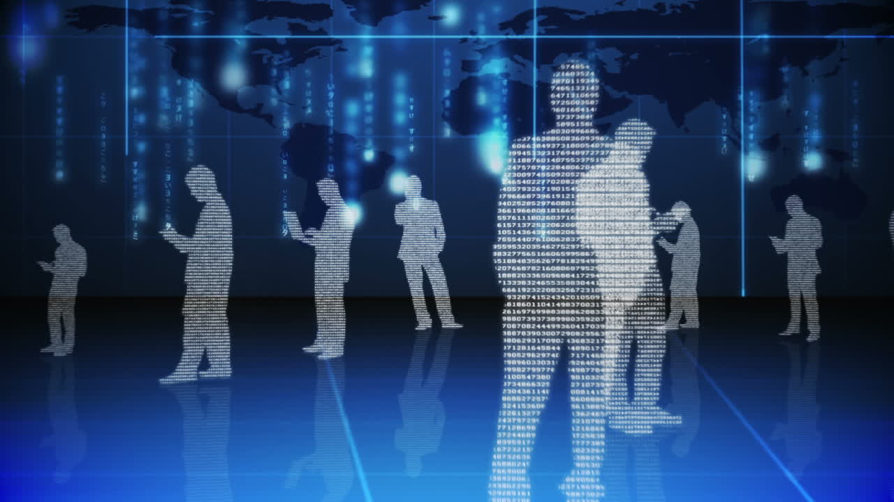 바이너리 코드로 만든 서 있는 사업가들의 실루