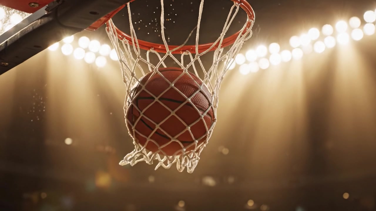 Momenti drammatici nel basket: catturando l'essenza dello sport al suo apice con una vista dinamica del canestro e della palla mentre l'azione si svolge sotto le luci brillanti.