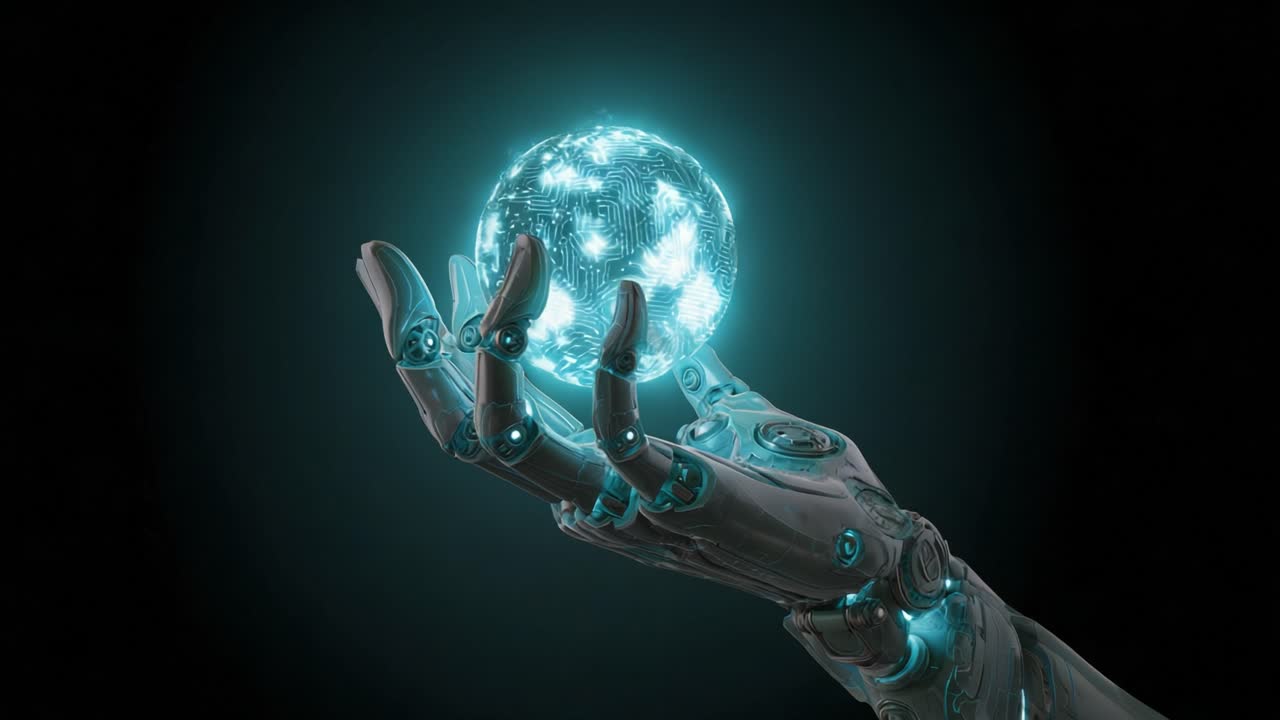 Cyborg hand holding a luminous digital sphere featuring a circuit board pattern, symbolizing advanced artificial intelligence, future technology, and global network connections on a dark background