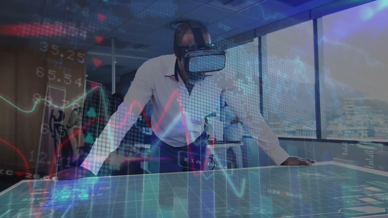 Putting on VR headset in room engineer studying wireframe gears and data overlays for business demo