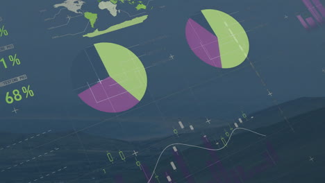 animation of financial data processing over mountain landscape