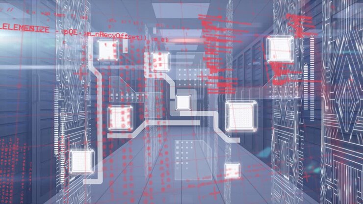 Animation of data processing and network of connections over server room
