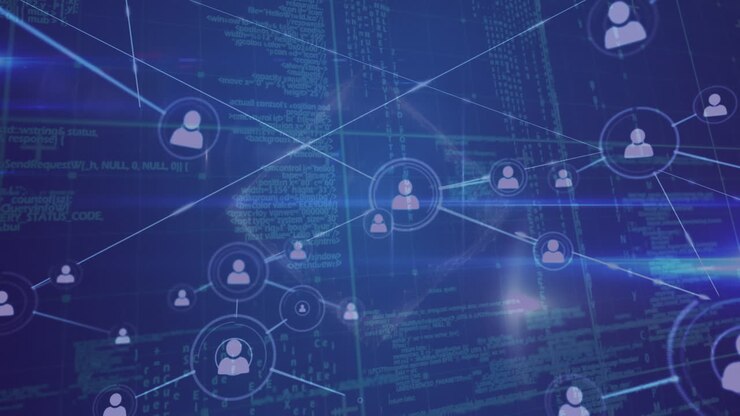 Animation of network of connections with icons over data processing