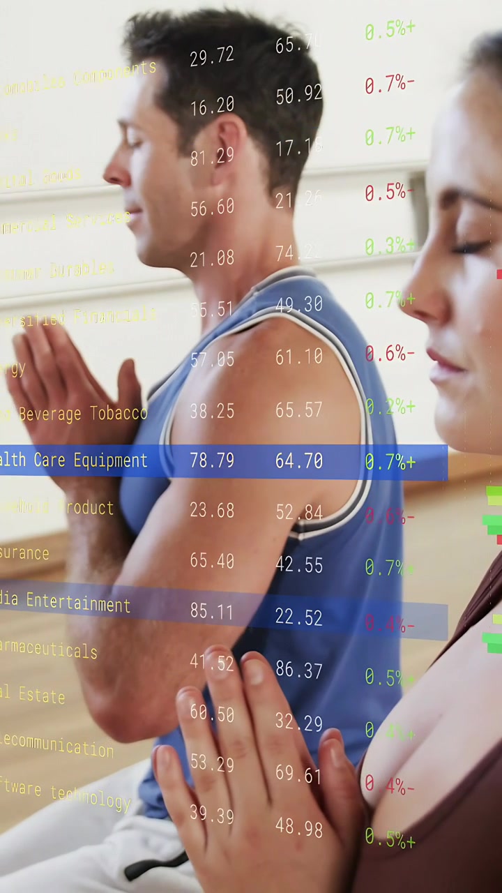 Vídeo vertical: Homem e mulher fechando os olhos, mãos unidas, meditando enquanto HUD financeiro rola.