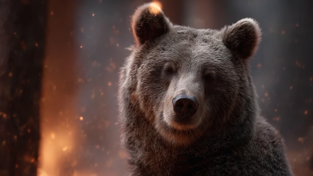 Majestic Bear Portrait Amidst a Smoky Forest Background, Showcasing Nature's Splendor and the Beautiful Details of Wildlife in a Rich, Warm Environment
