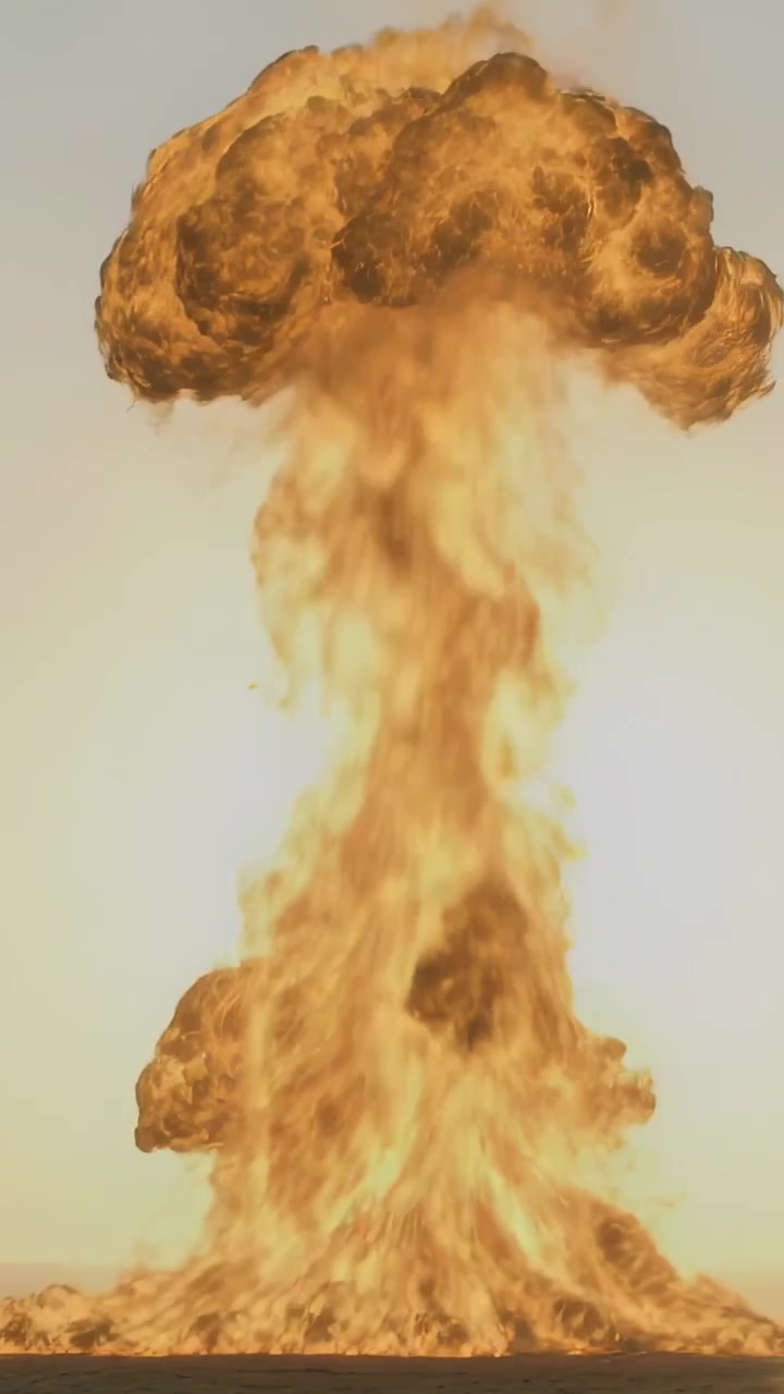Vertical video: Flame column igniting and rising from scorched dry plain, forming mushroom cloud