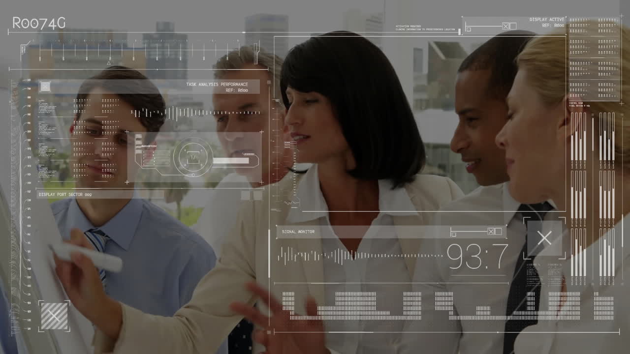 Animation of data processing and diagrams over diverse colleagues discussing work