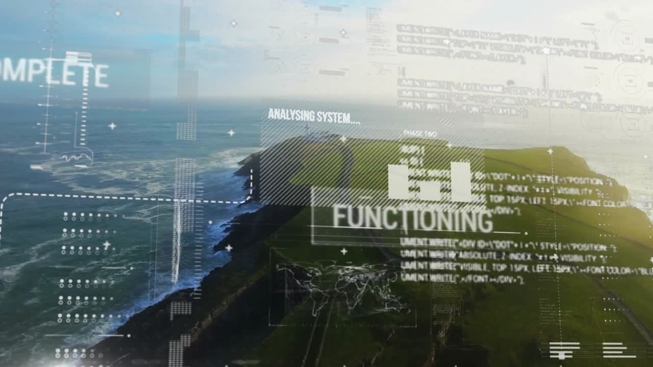 Semi-transparent analytics interface overlay being animated over rugged coastal cliff with charts